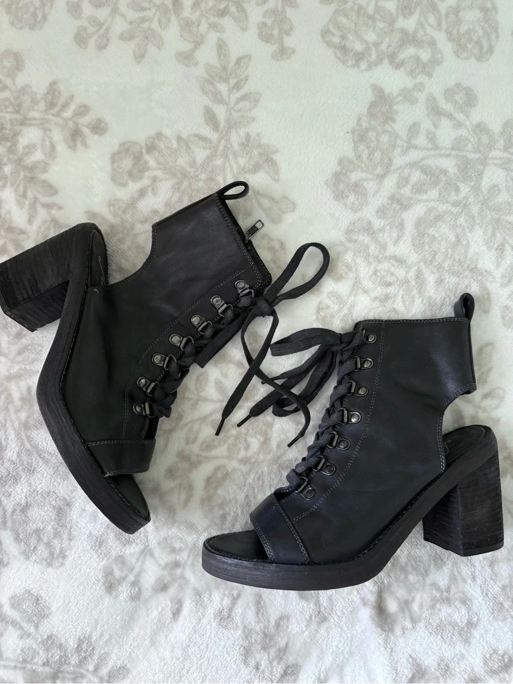 Free People City of Lights Open Toe Lace Up Bootie Block Heel